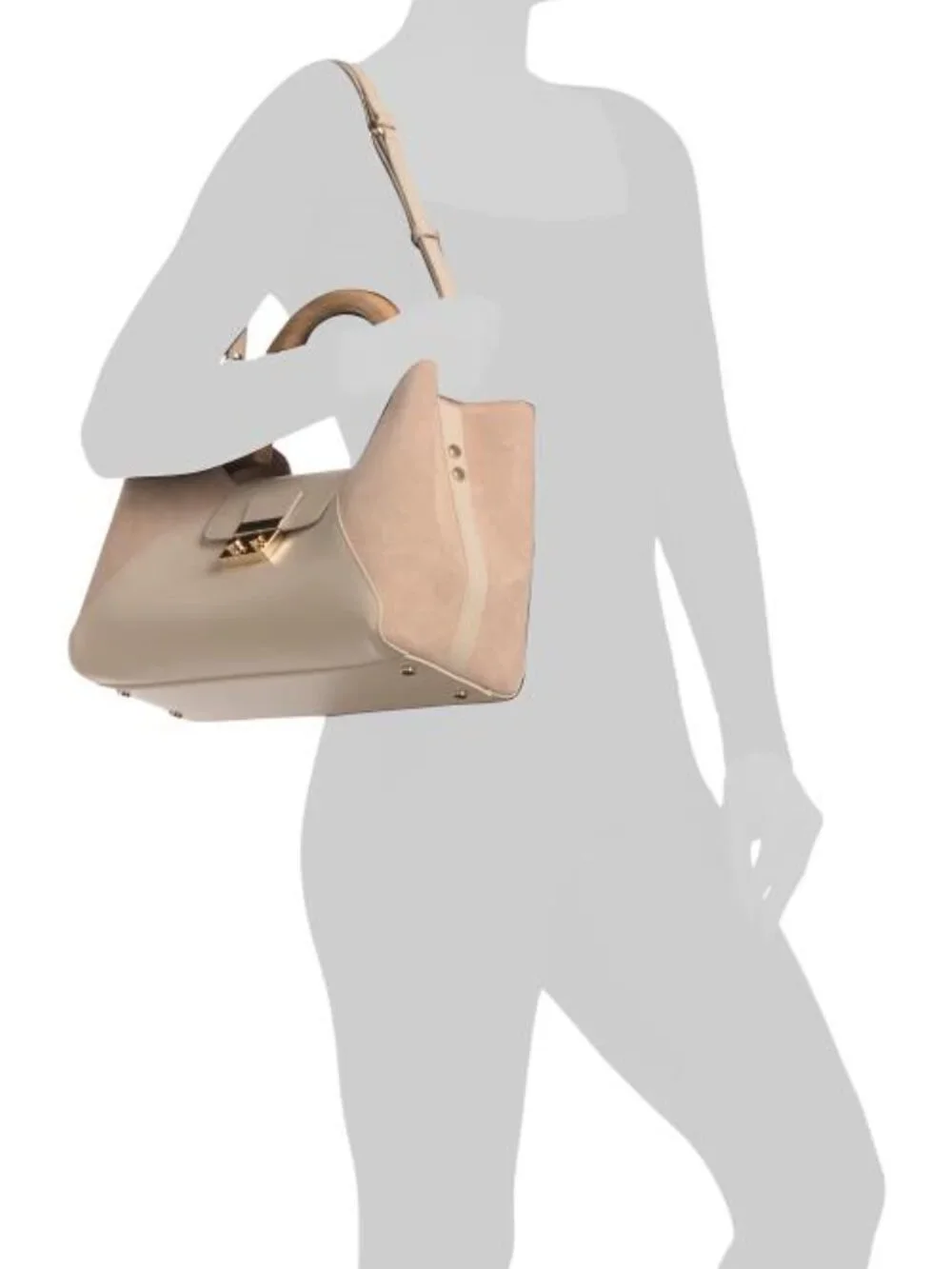 CLAUDIA Made In Italy Suede East West Satchel With Wood Handle - Picture 5 of 5